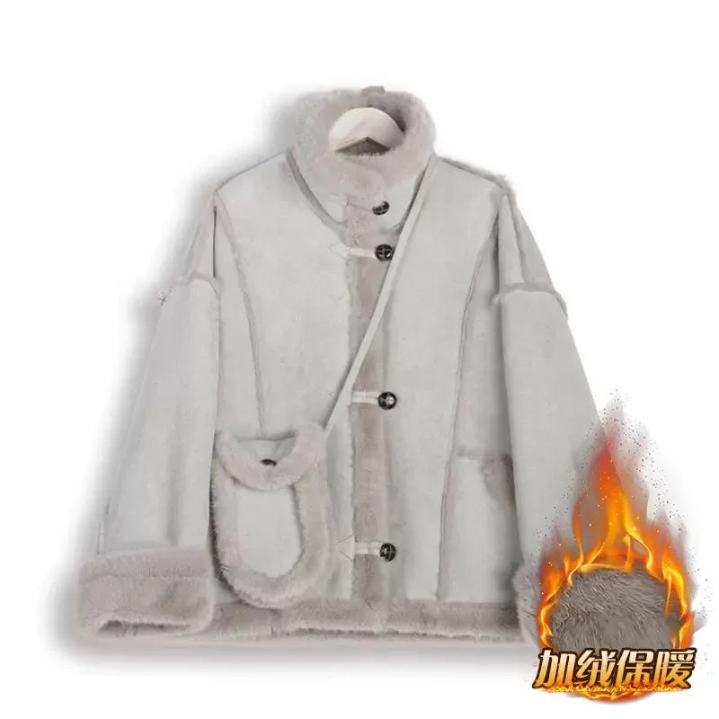 韩版立领加厚皮毛一体女外套宽松休闲时尚百搭机车服（24↓-55-1）