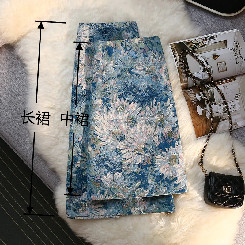 气质高端一步裙莫奈的花园半身裙女春秋2024新款中长款高腰直筒裙