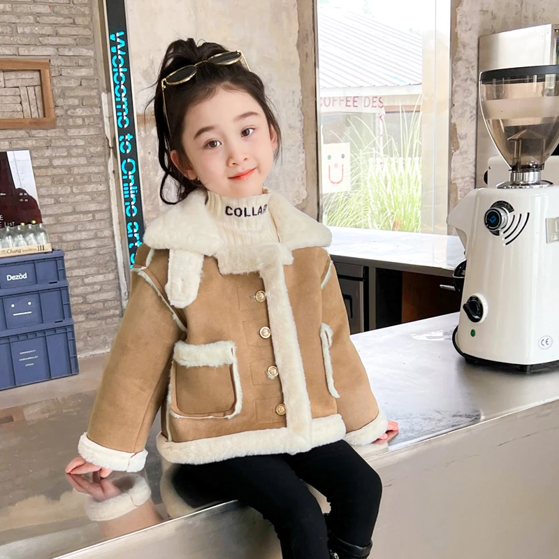 女童外套冬装2023新款洋气皮毛一体宝宝童装加绒加厚儿童夹克童装
