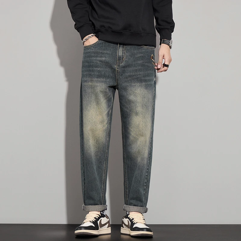 秋冬复古宽松哈伦微锥小直筒男士牛仔裤大码时尚显瘦牛仔裤子男款