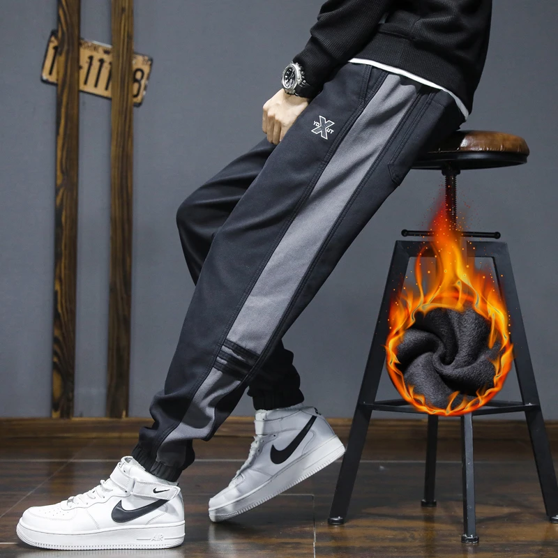 2023男秋冬裤子加绒裤男拼接潮款微宽束脚裤加厚宽松百搭保暖男裤