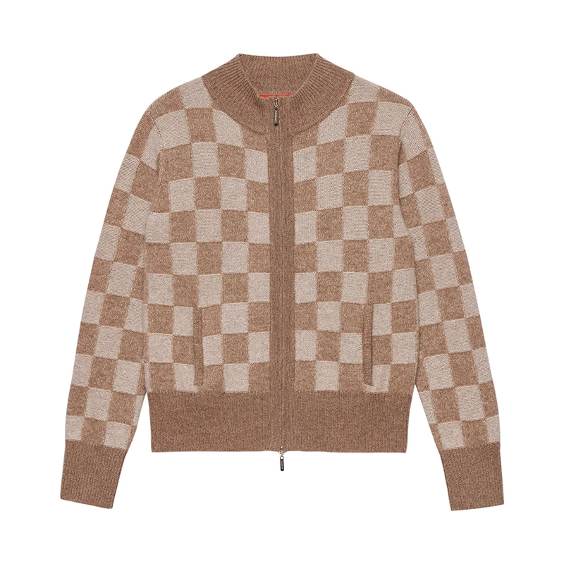 GTS天山羊绒针织衫拉链女开衫100新疆山羊绒通勤外搭女秋冬格纹