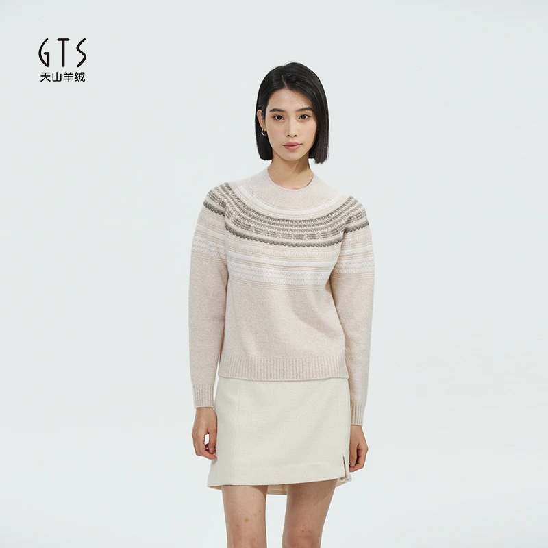 GTS天山羊绒圆领费尔岛风格100山羊绒秋冬针织衫女高领打底衫上衣