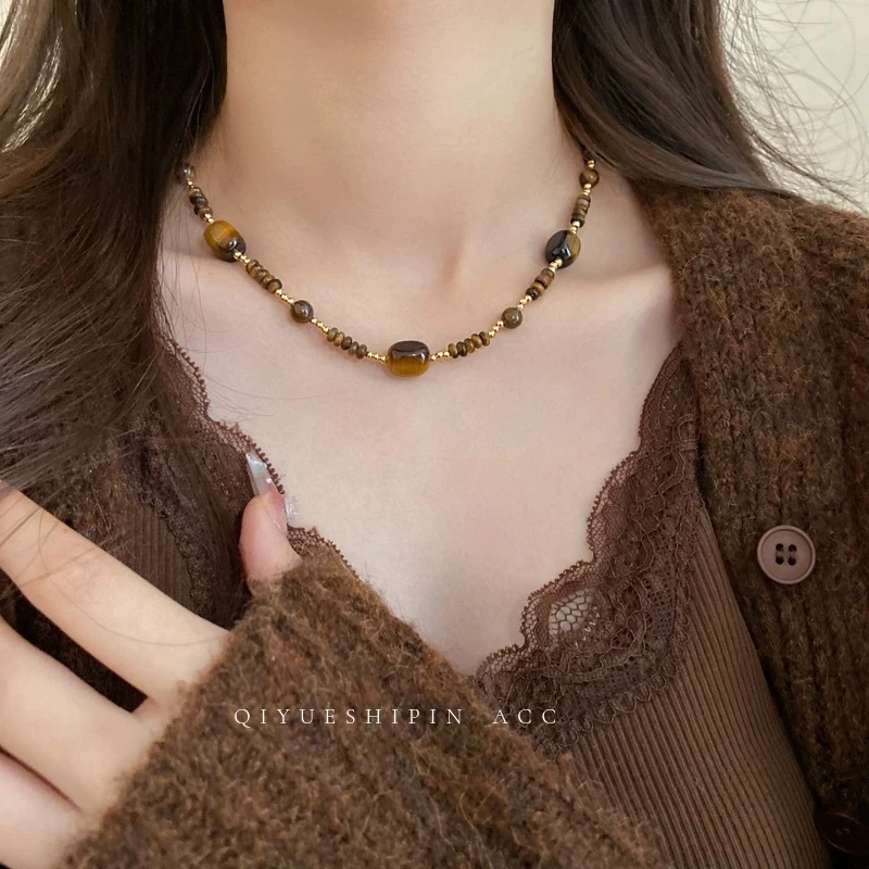 项链 美拉德穿搭虎眼石串珠项链女轻奢小众毛衣链颈链XL148