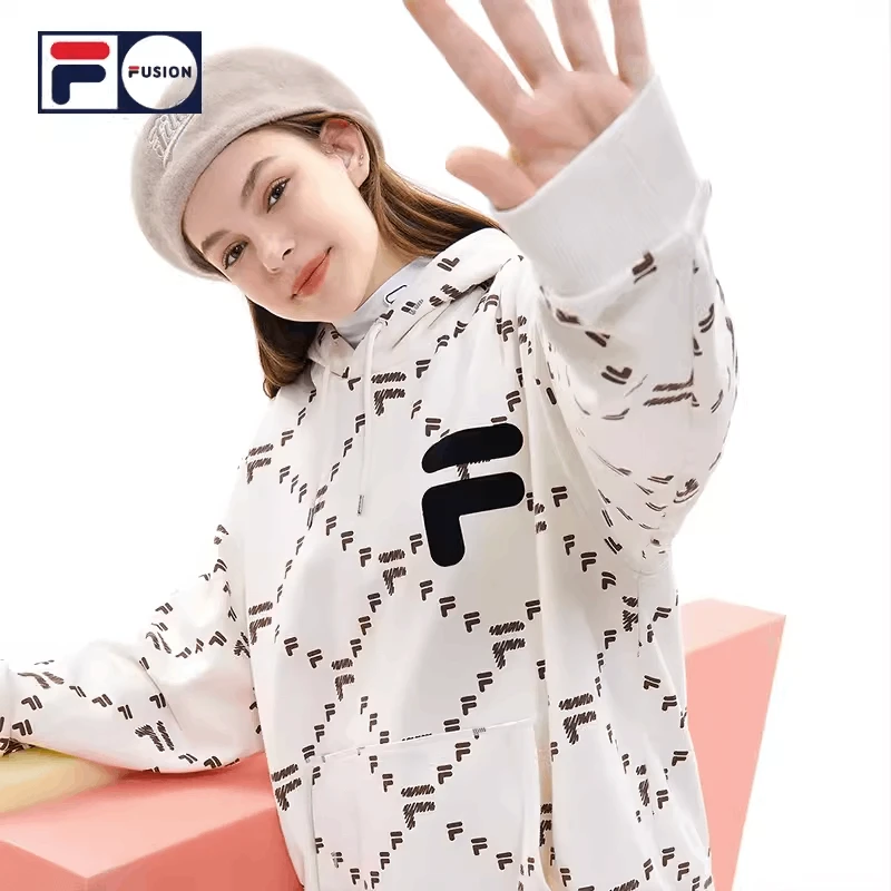 斐乐潮牌FILA FUSION满印时尚老花长袖潮流连帽卫衣T11U216205F