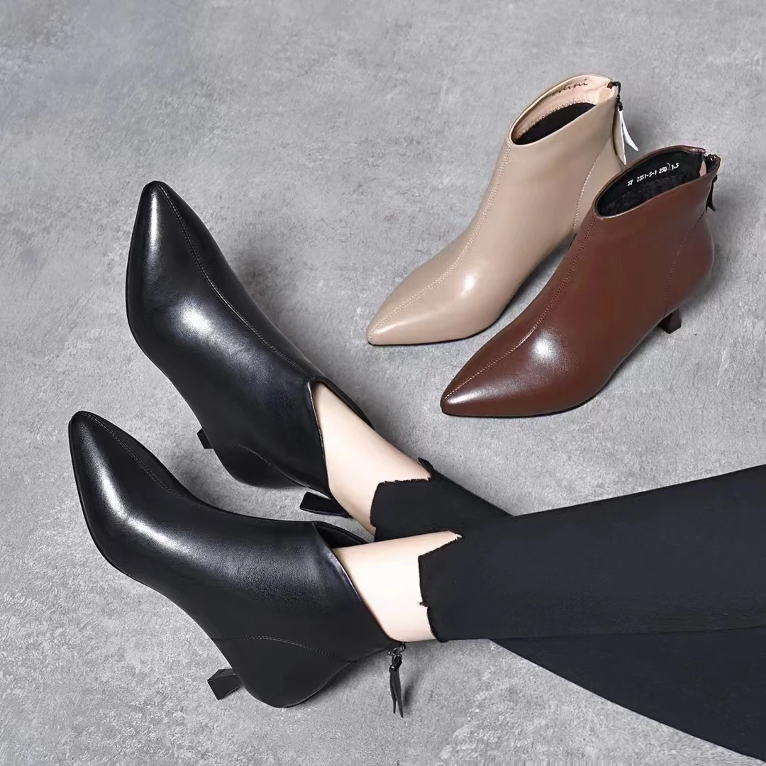 真皮秋冬时尚尖头细跟小短靴气质百搭中跟高跟裸靴冬季绒里短靴