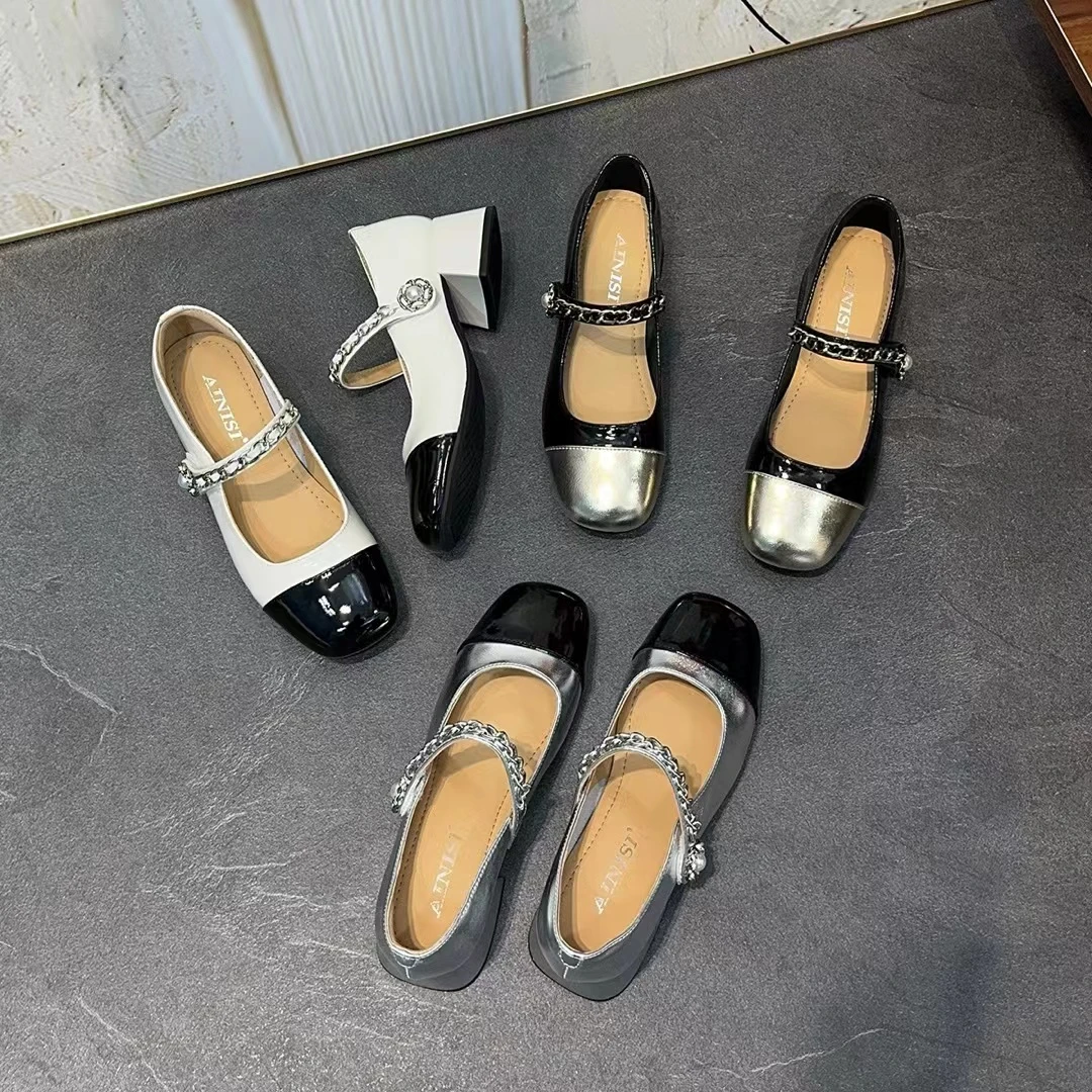 2024夏季玛丽珍小香风法式拼色粗跟浅口单鞋女新款时尚百搭小单鞋