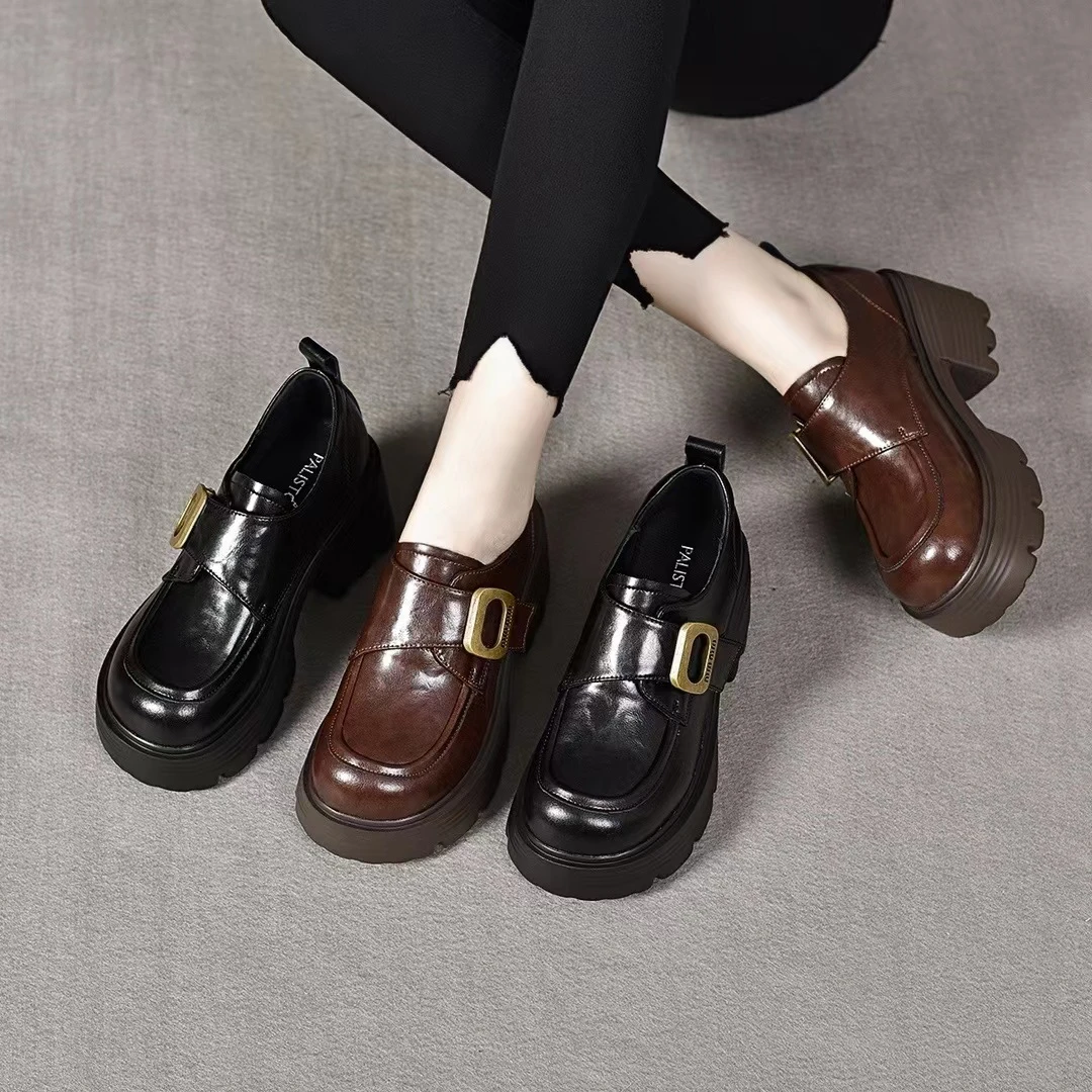 新款时尚厚底乐福鞋2024秋冬新款圆头粗跟英伦风复古休闲小皮鞋