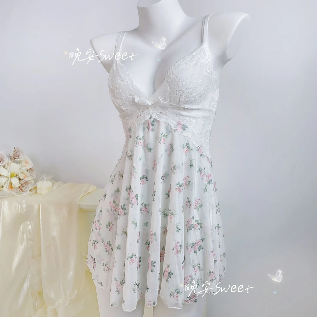 【80-140】微胖纯欲甜美碎花吊带裙性感睡衣蕾丝透肤网纱大码显瘦款
