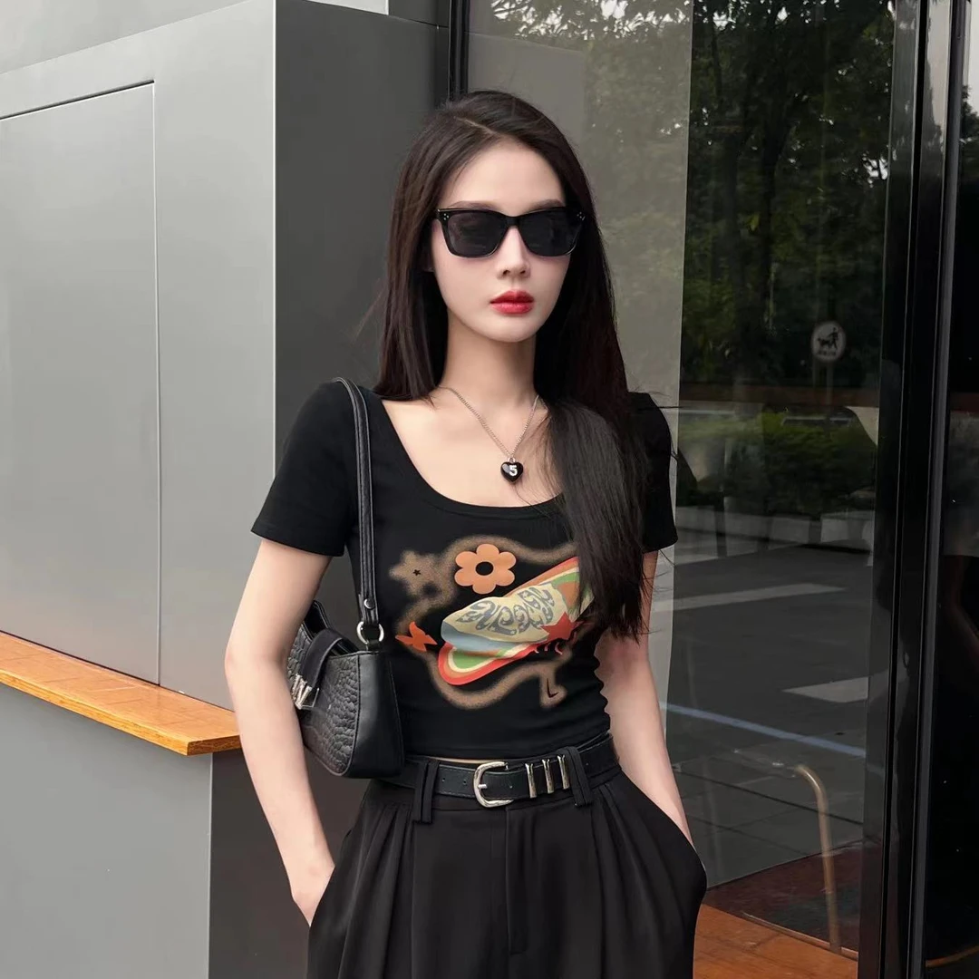美式复古印花T恤女2025年夏季新款修身显瘦时尚辣妹百搭短款上衣