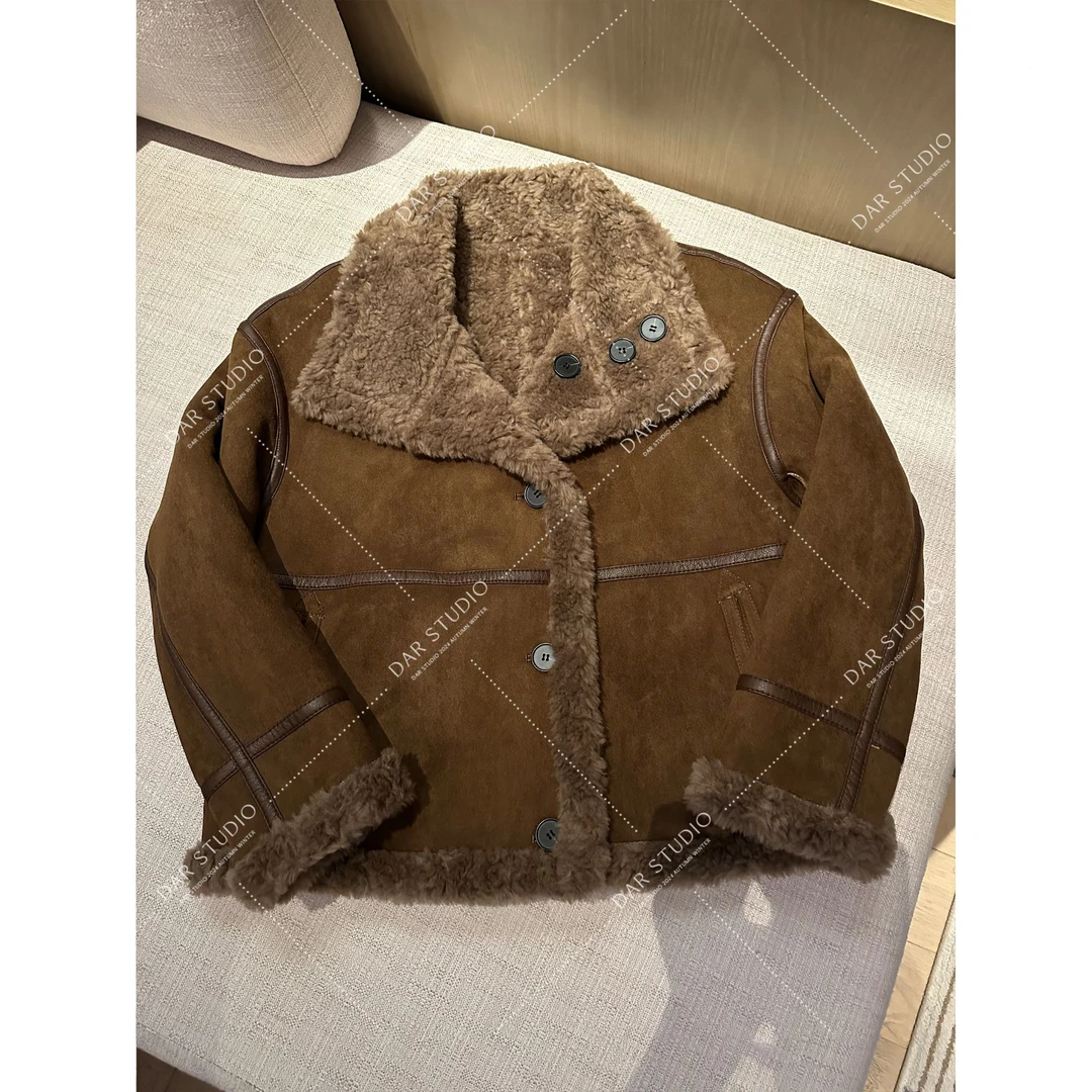DAR STUDIO 【玫瑰红茶】100澳洲绵羊毛冬季新款皮毛一体外套24181