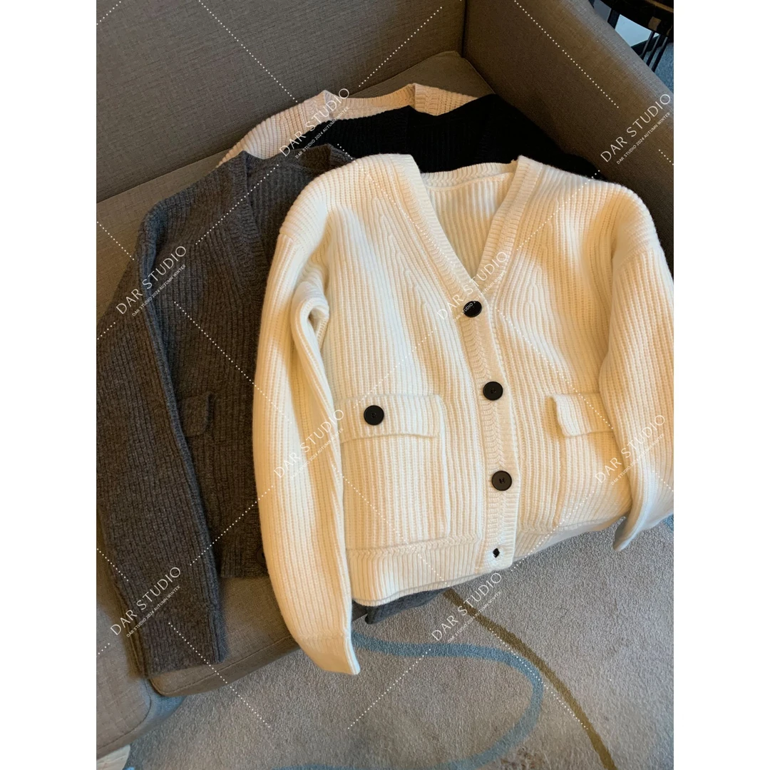 DAR STUDIO 【松芙甜心】100羊毛双口袋秋冬厚款开衫毛衣外套24063