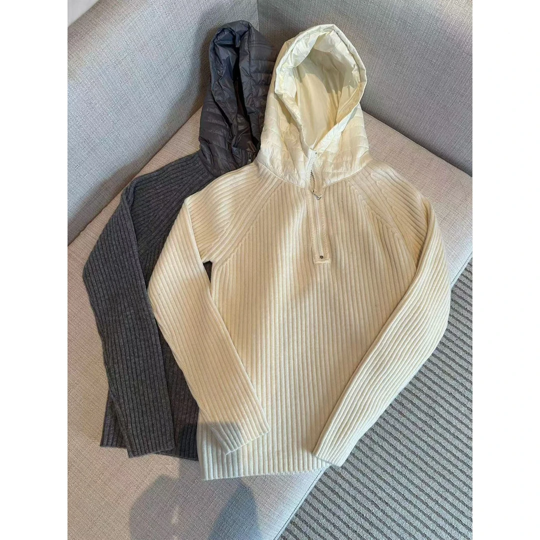 DAR STUDIO 深圳货【中岛艺术】100羊毛连帽坑条半开门襟毛衣88214