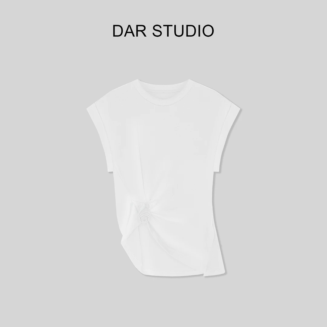 DAR STUDIO【玫瑰小飞袖】2024夏季新款下摆抽褶花朵设计感T恤85565