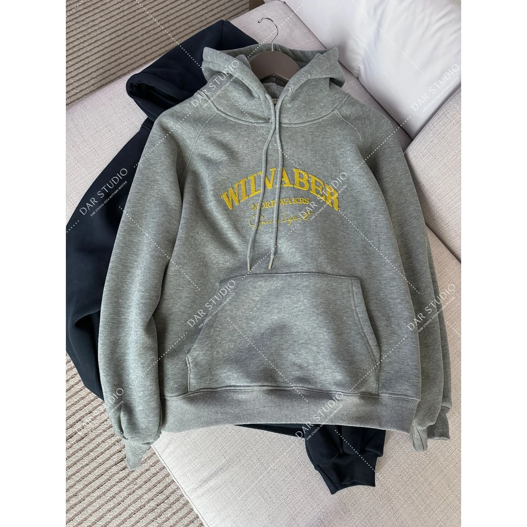 DAR STUDIO  2024秋冬新款加绒字母刺绣百搭连帽抽绳卫衣 24164