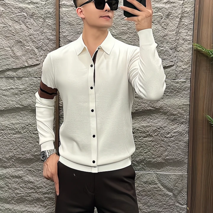 新款欧货针织衫男士毛衣弹力假开衫条纹提花休闲长袖针织衫打底衫