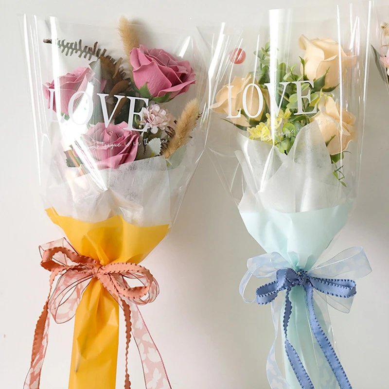 love袋康乃馨鲜花包装袋玫瑰单支花束大号透明英文印花OPP花袋