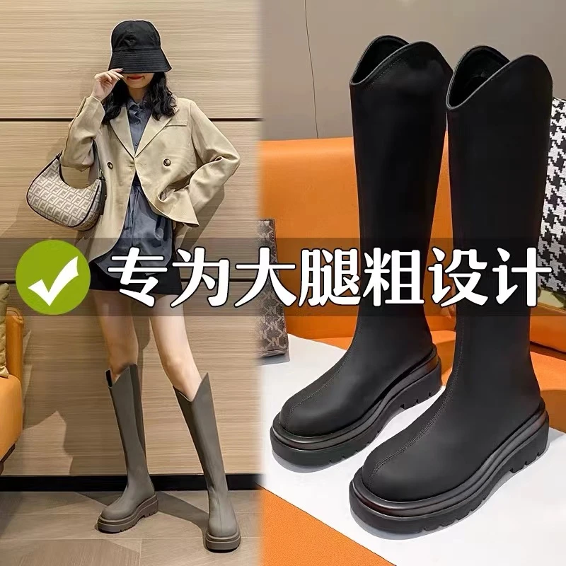 回力瑞大筒围长靴女粗腿加肥胖mm显瘦骑士靴不过膝厚底直筒靴大码