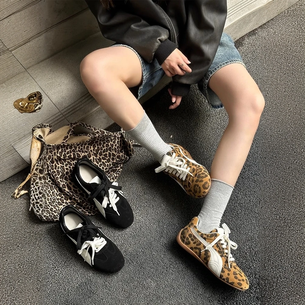 真皮豹纹德训鞋女2025春夏新款百搭复古阿甘鞋平底运动休闲板鞋子