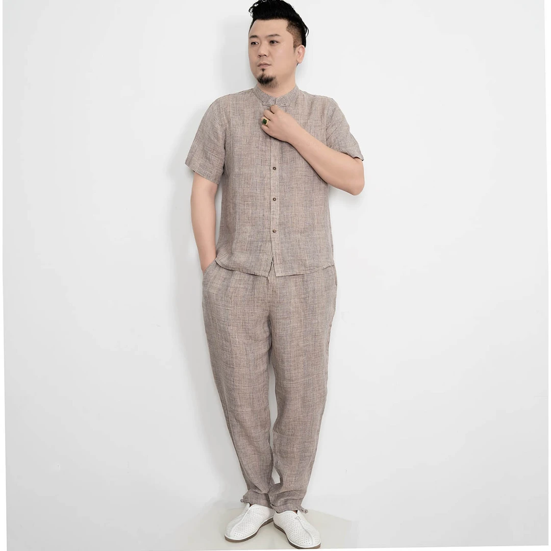 夏季新款男士纯亚麻套装透气吸汗竖条纹短袖衬衫+长裤