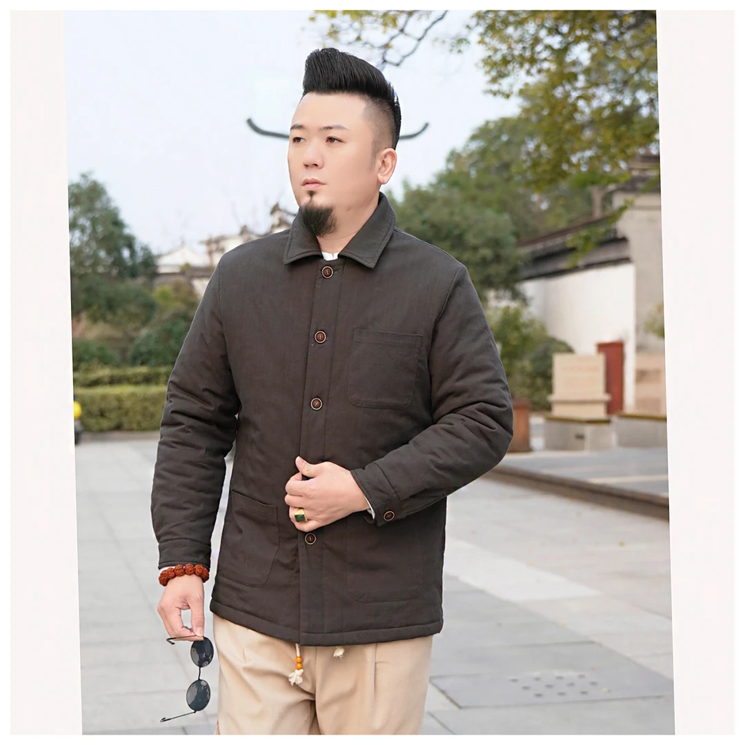 中式复古翻领棉衣男冬季保暖仿麻肌理感纯棉面料休闲棉服外套