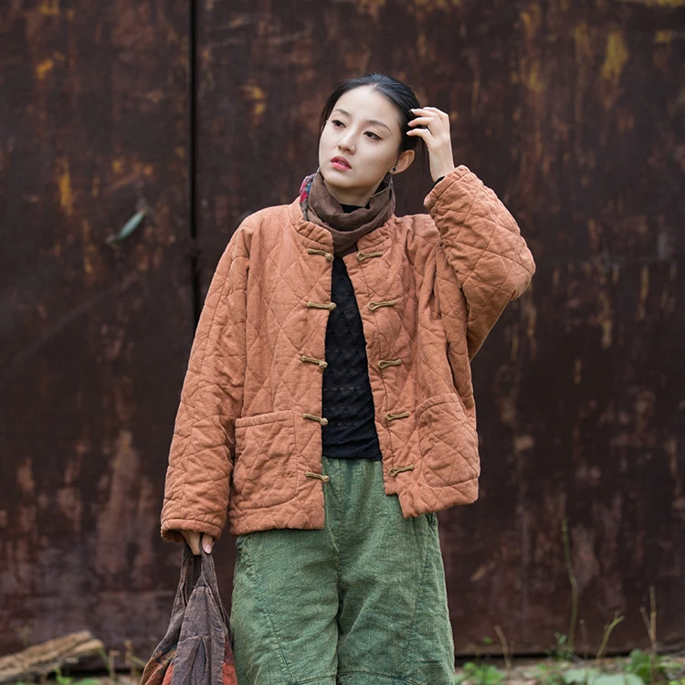 24冬女新款苎麻夹棉绗缝菱格棉袄棉服盘扣文艺个性流浪风女式棉衣