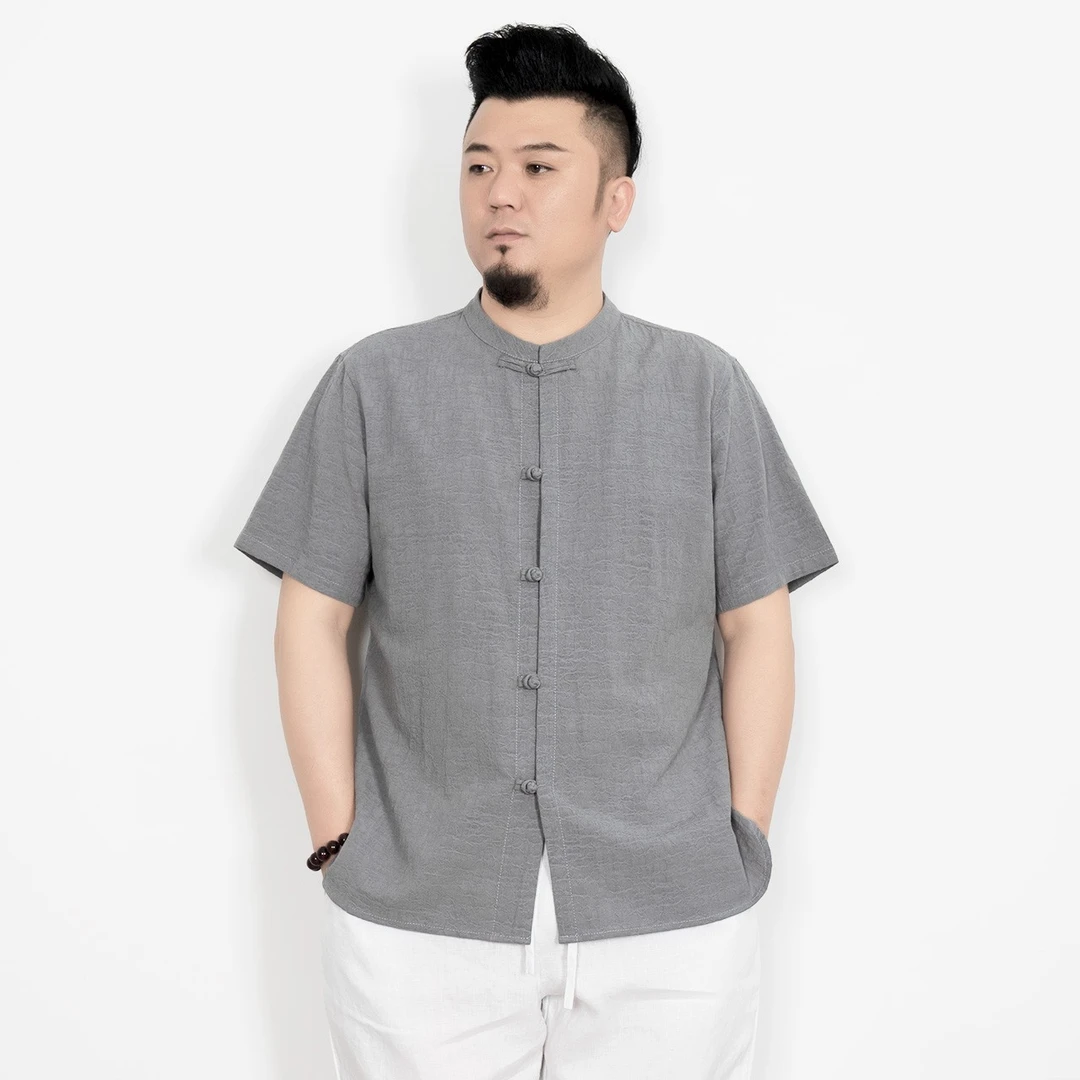 新款中式棉麻短袖立领衬衫提花唐装上衣复古休闲中国风大码开衫