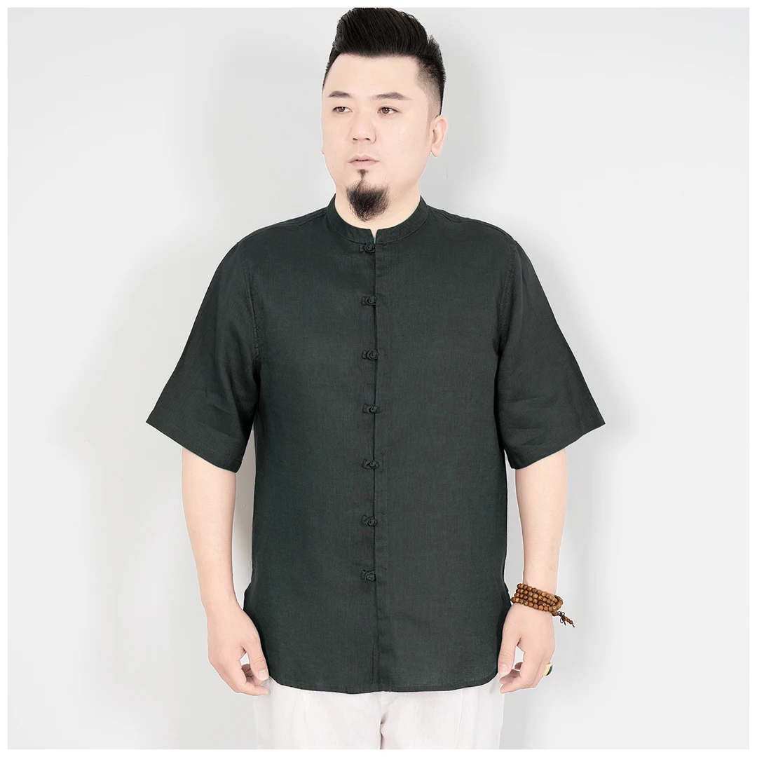 夏季男装衬衫纯亚麻短袖衬衣中式立领宽松大码薄款休闲上衣