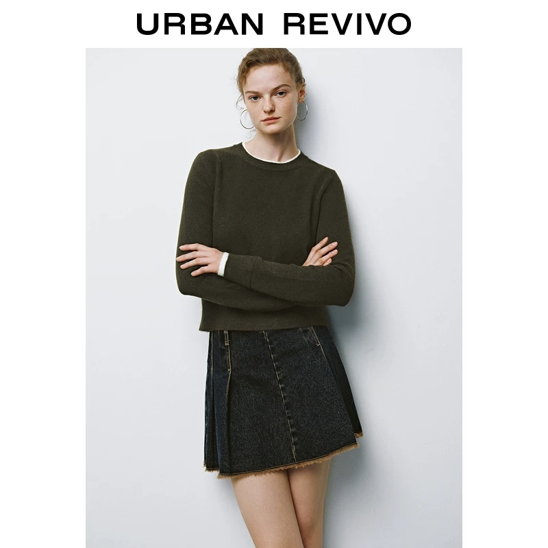 UR冬季新款女装时尚撞色圆领钉珠字母针织衫UYY940090