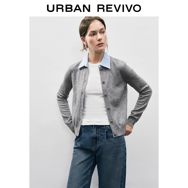 UR2024秋冬新款女装时尚假两件拼接格纹针织开衫UWM940033