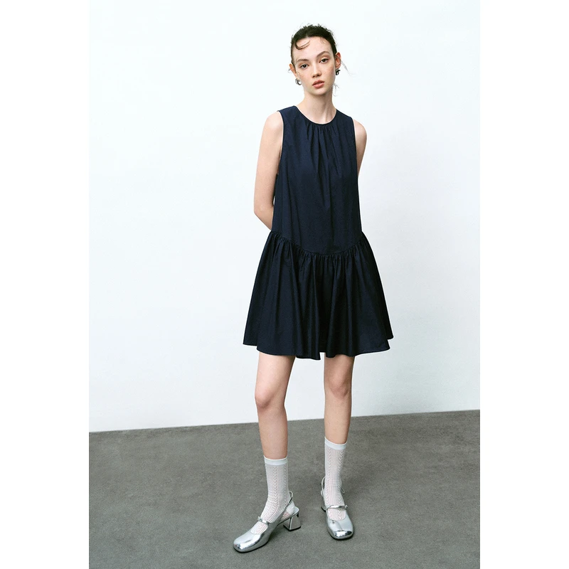UR夏季新款女装都市休闲气质系带百褶连衣裙UWU740088
