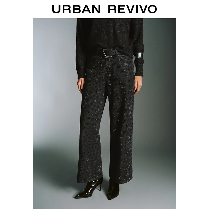 UR冬季新款女装潮流设计感细闪烫钻牛仔长裤UWJ840101