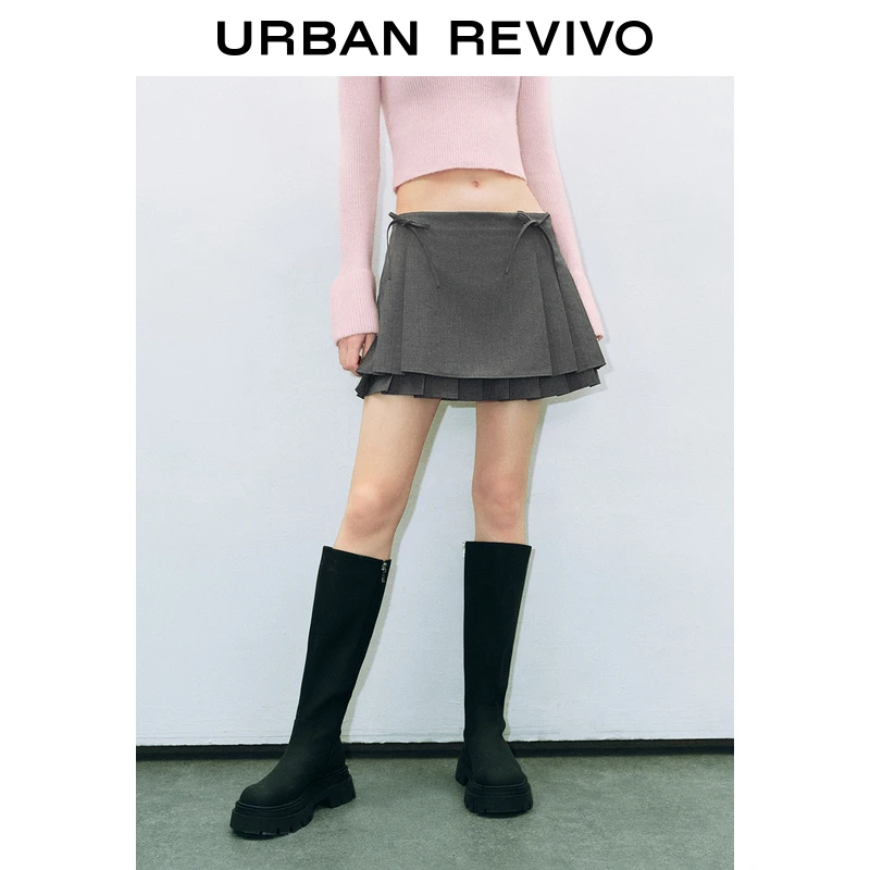 UR2024秋季新款女装格雷系甜酷蝴蝶结叠层压褶半裙UYV540010