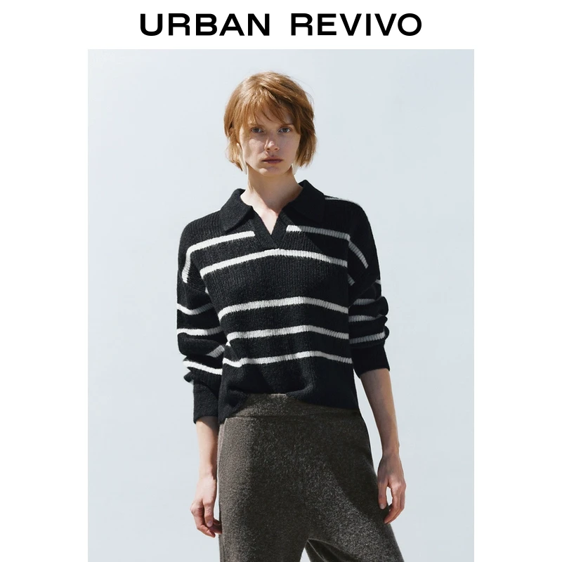 UR冬季新款女装休闲慵懒风条纹宽松落肩针织衫UWH940131