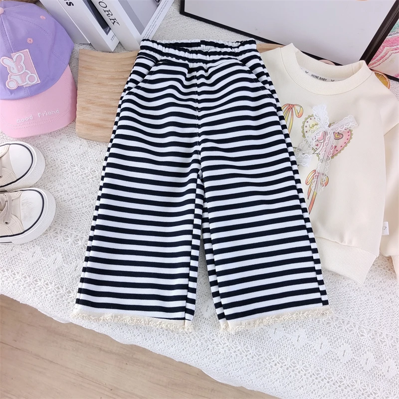 儿童春秋时尚直筒阔腿裤 女童宽松条纹韩版简约 百搭直筒裤Q70