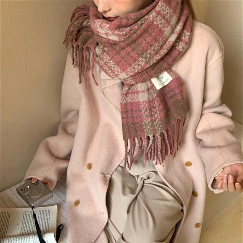 秋冬氛围感干枯玫瑰粉树莓粉格子围巾骑车保暖围脖复古披肩温柔风