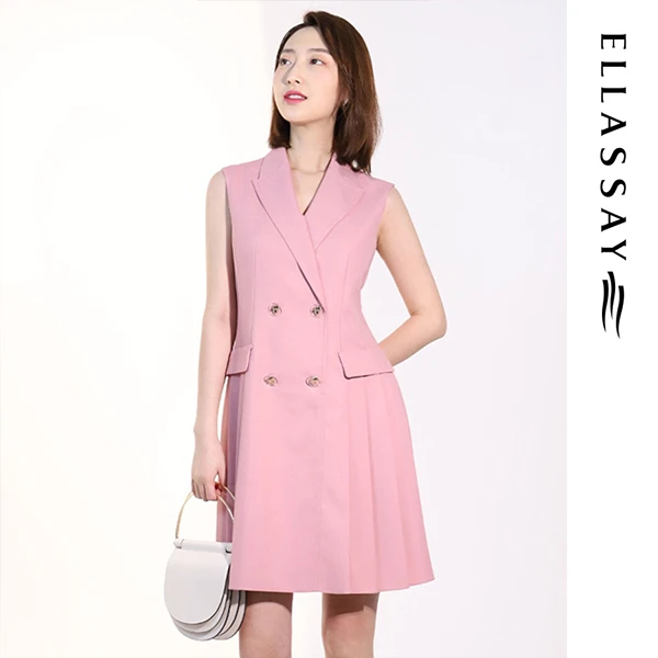 ELLASSAY歌力思春夏新款轻薄旦丝风琴压褶收腰显瘦马甲式连衣裙
