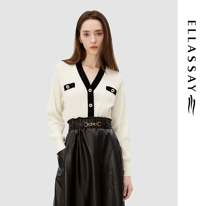 ELLASSAY/歌力思上衣女秋季莱赛尔黑白撞色针织开衫EWB343M01300