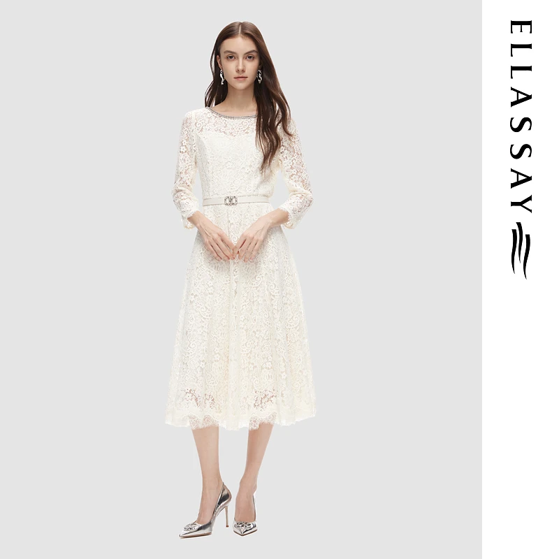 ELLASSAY歌力思2024秋季新款重工气质蕾丝连衣裙女EWD353Y09300