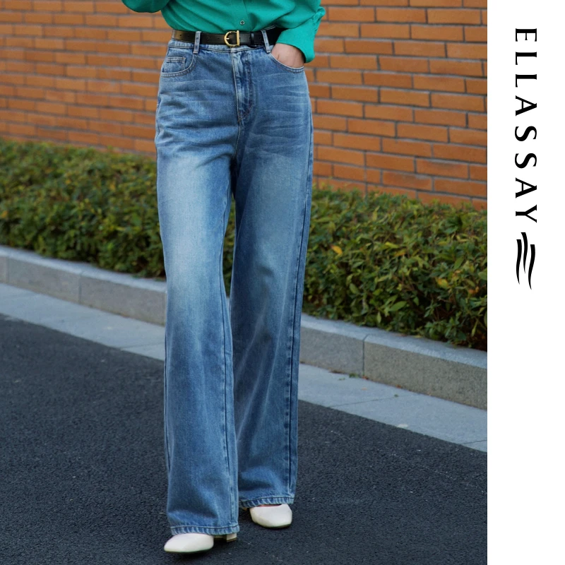 ELLASSAY歌力思2023早春新款经典牛仔蓝高腰阔腿牛仔裤女B-N003