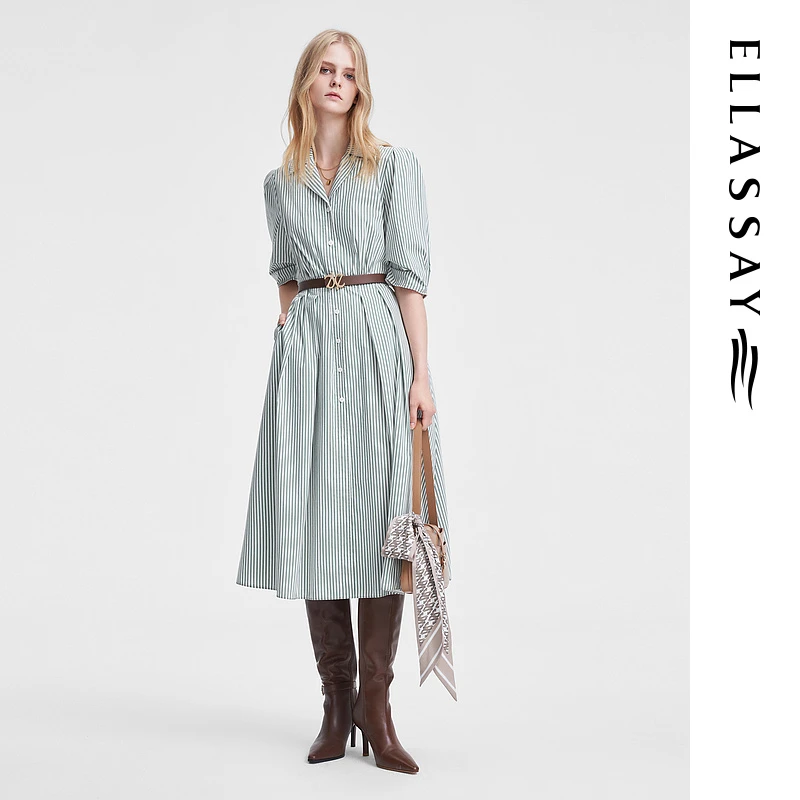 ELLASSAY歌力思2024夏季新款棉弹条纹衬衫连衣裙女EWW351Y01100