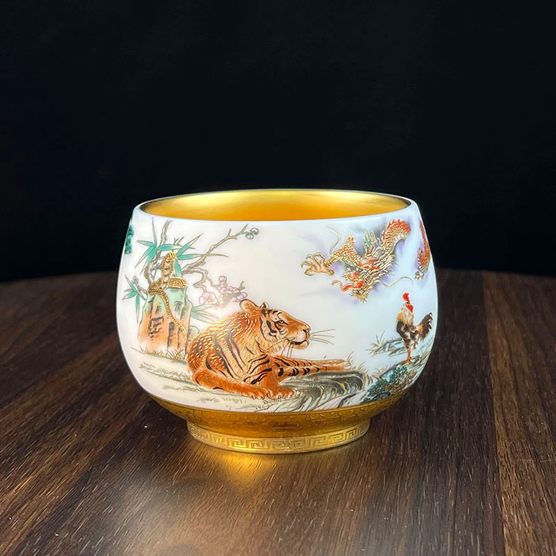 轻奢十二生肖鎏金茶杯个人专用金杯家用描金手工办公大号主人瓷杯