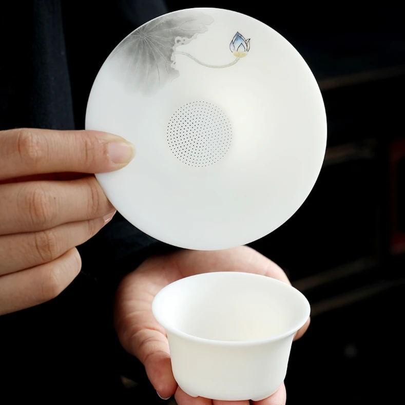 羊脂玉瓷荷花茶托全瓷一体式茶漏茶滤网高档茶具茶叶过滤网过滤器