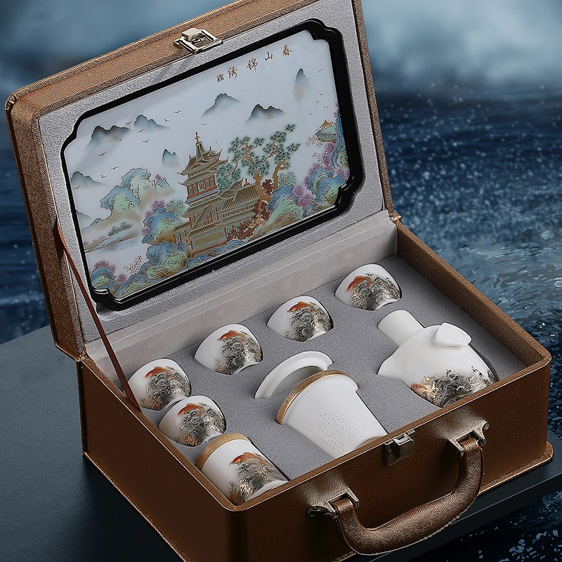 羊脂玉瓷便携式户外茶具快客杯一壶五杯商务车载旅行户外泡茶套装