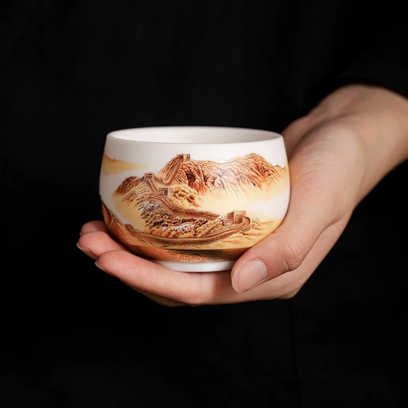 堆金羊脂玉白瓷龙抬头主人杯中式国潮复古品茗茶杯喝茶单杯礼盒装