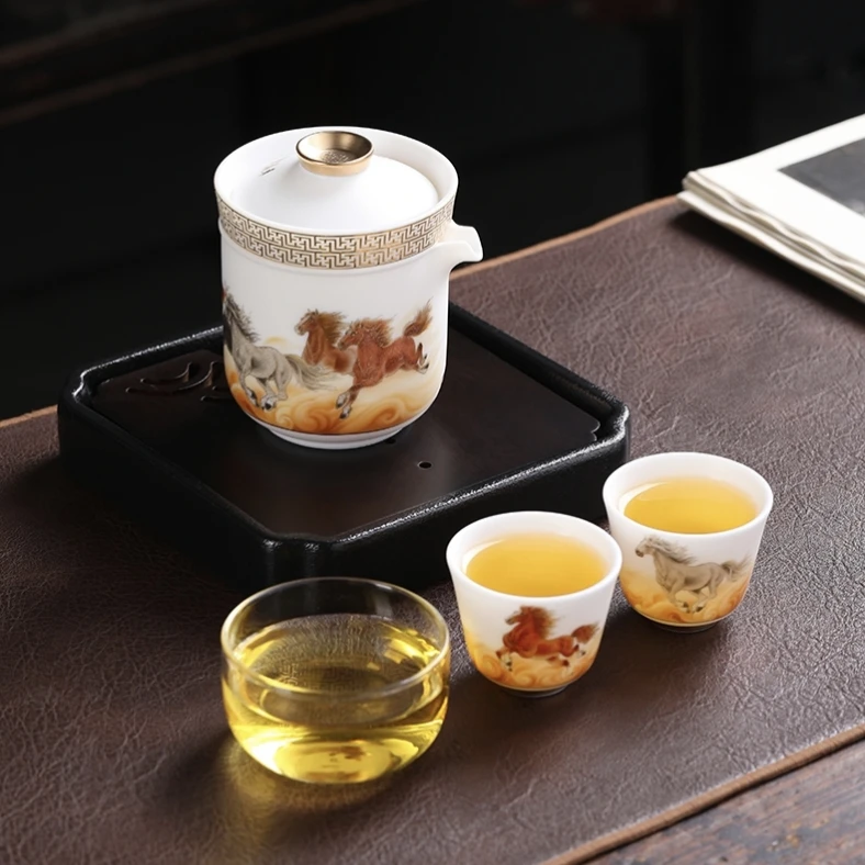 轻奢马到成功旅行快客杯羊脂玉瓷一壶二杯家用办公送礼便携式茶具