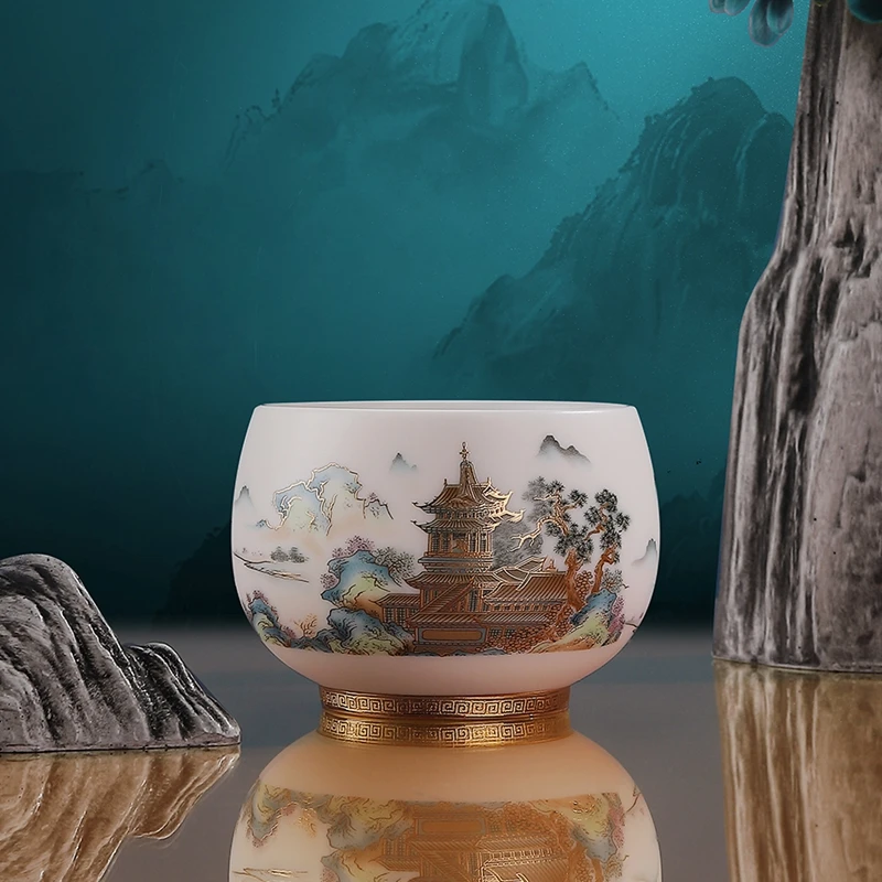 羊脂玉白瓷高档主人茶杯个人专用描金春山锦绣茶碗功夫品茗杯定制
