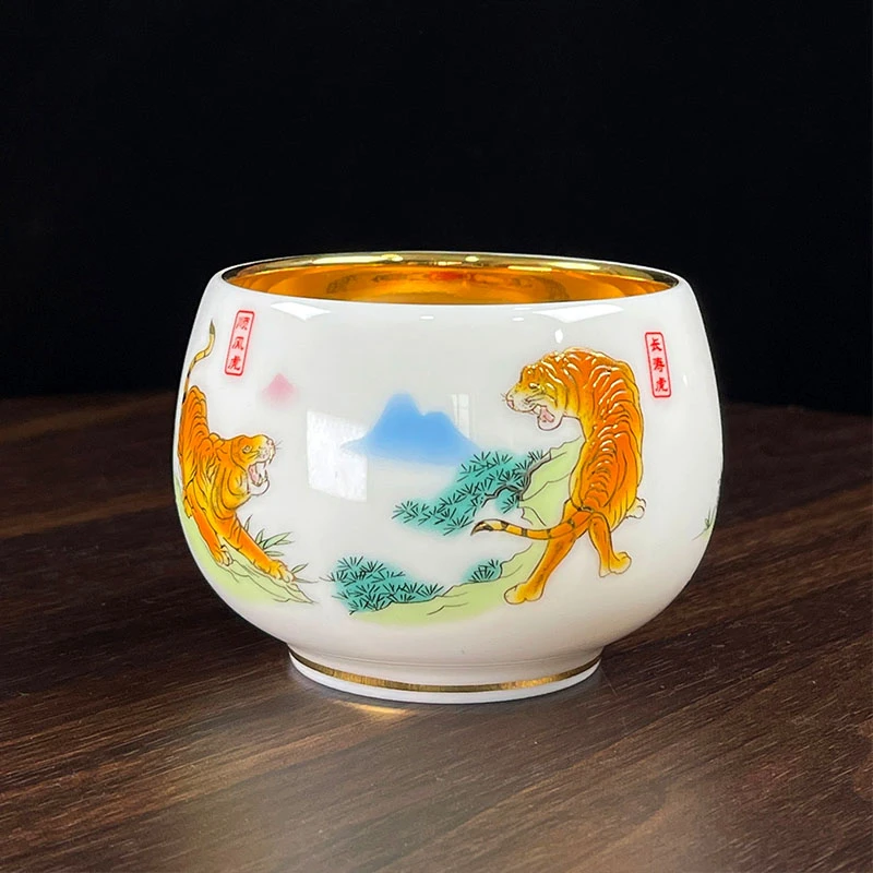 轻奢手工鎏金五虎临门主人杯陶瓷茶杯个人专用高档品茗杯金盏送礼