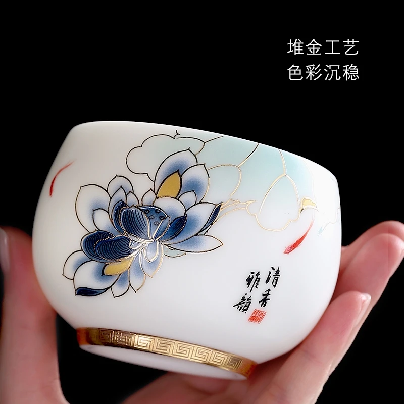 德化白瓷羊脂玉荷花茶杯主人杯单杯大高档男女个人专用高端品茗杯