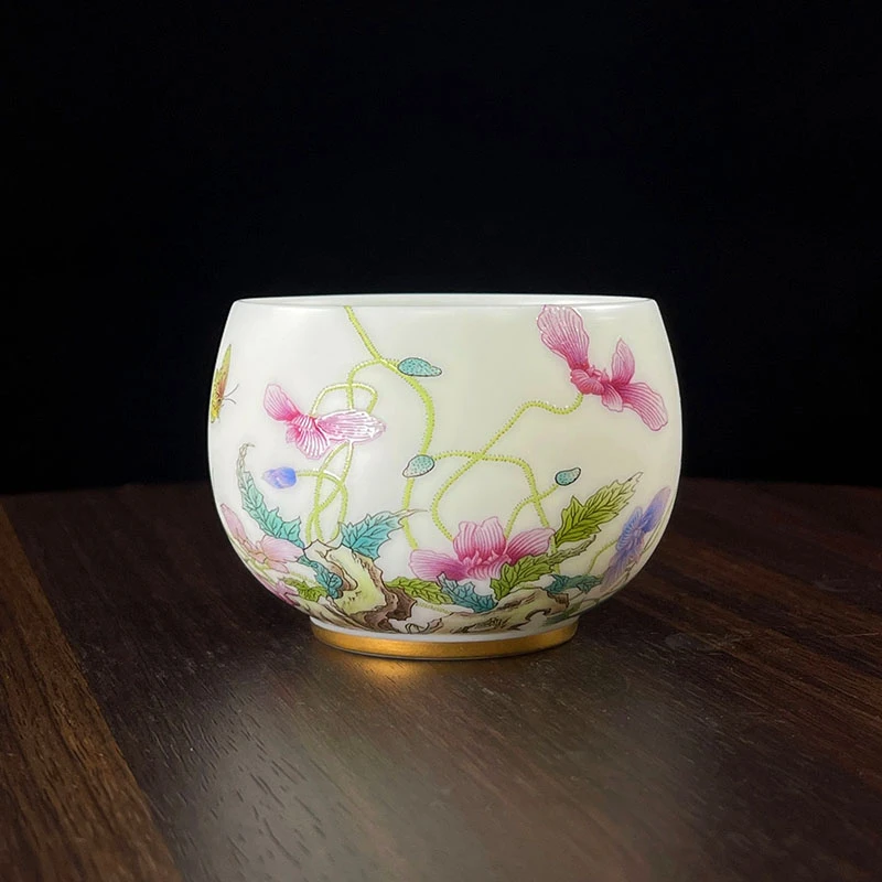 精致粉彩虞美人单个主人杯高档白瓷家用喝茶杯子手工陶瓷茶具送礼